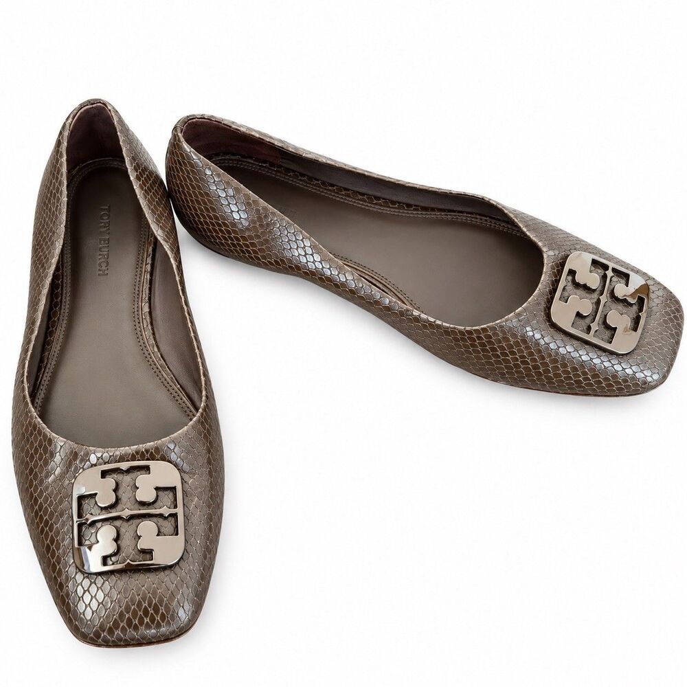 Tory Burch Georgia Ballet Flats Brown Leather Snakeskin Square Toe Shoes Sz 11 M - Picture 3 of 8